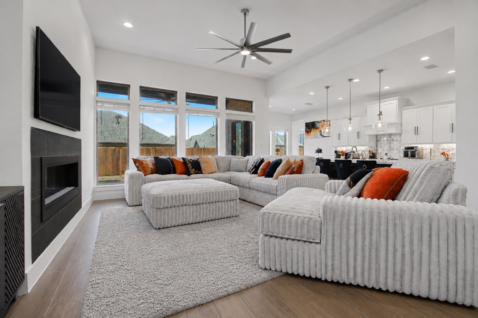Living room open to the kitchen